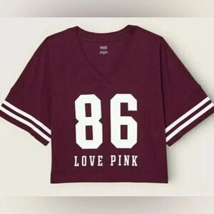 HTF LARGE VICTORIAS SECRET PINK VARSITY TEE RICH MAROON OVERSIZE CROP LENGTH